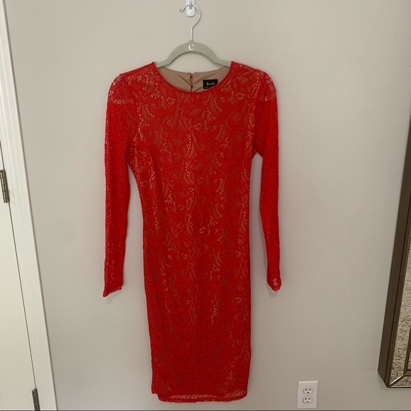 Bardot Rini Lace Long Sleeve Open Back BodyCon Fire Engine Red Dress Size 8 - Picture 2 of 9